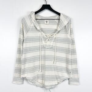 Billabong Size S Striped Knit Pullover Hooded Sweater Cream Gray